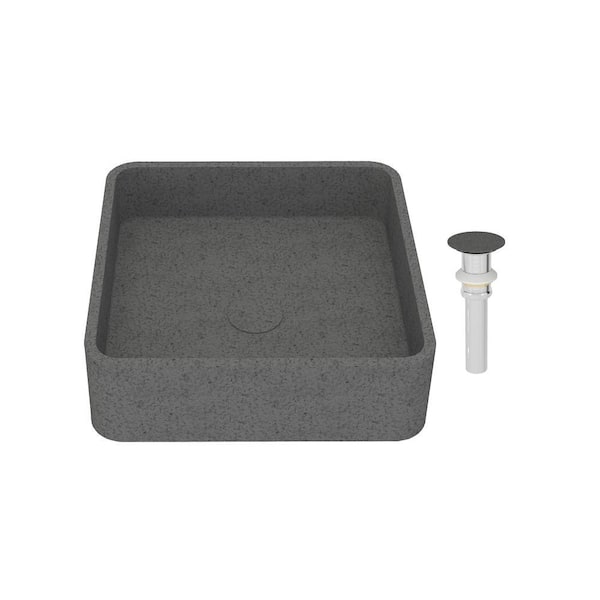 15.35 in. Vessel Concrete Bathroom Sink in Mottled Bluish Gray with Matching Drain