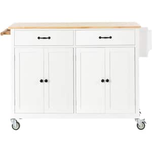 Oasis White Wood 54.33 in. Kitchen Island with Solid Wood Top and Locking Wheels, 4-Door Cabinet and 2-Drawers