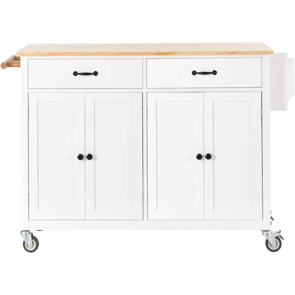 Oasis White Wood 54.33 in. Kitchen Island with Solid Wood Top and Locking Wheels, 4-Door Cabinet and 2-Drawers