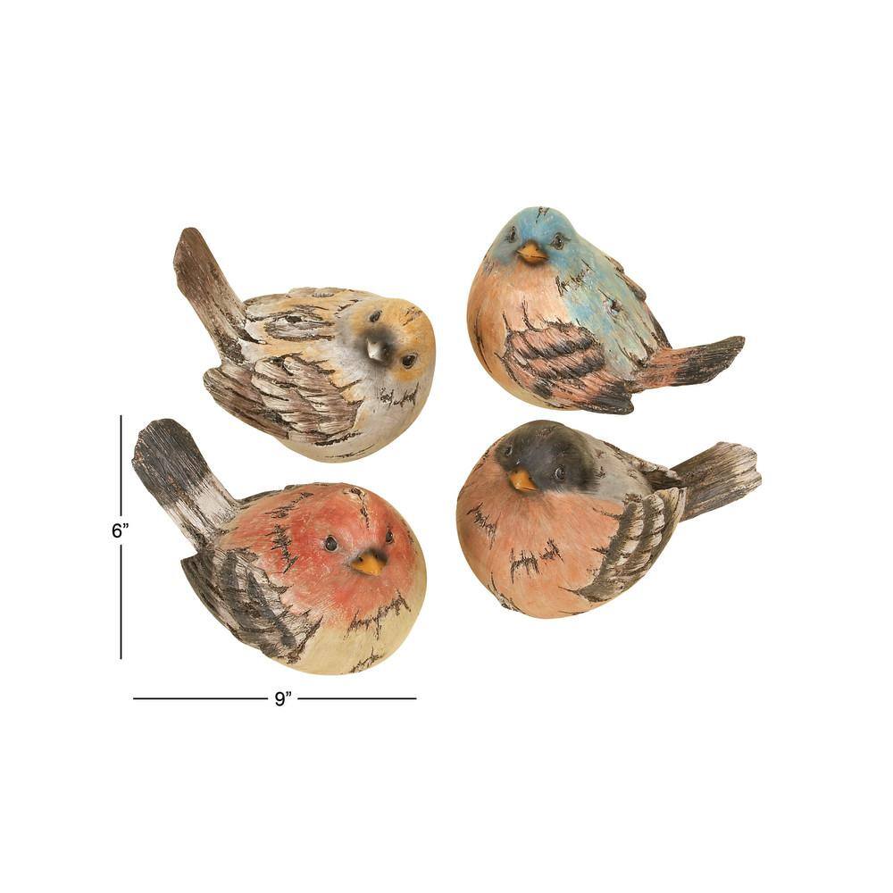 Set of Four Multi Colored Weathered Wood Bird Statues
