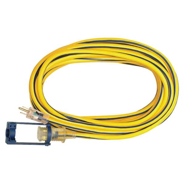 Voltec 100 ft. 12/3 SJTW Outdoor Extension Cord with E-Zee Lock and Lighted End, Yellow with Blue Stripe