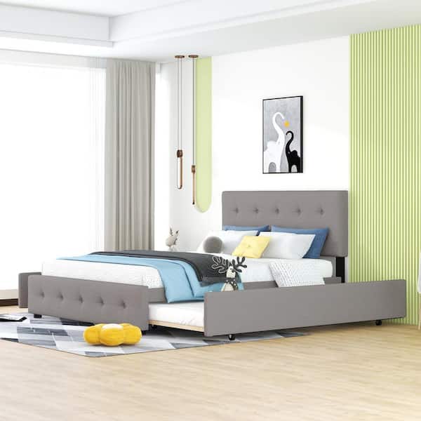 64 in. W Light Grey Queen Size Upholstered Platform Bed with 4 Drawers and a Twin XL Trundle, Wood Platform Bed Frame