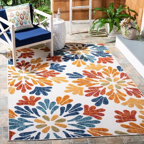 Cabana Creme/Red 4 ft. x 4 ft. Geometric Floral Indoor/Outdoor Square Area Rug