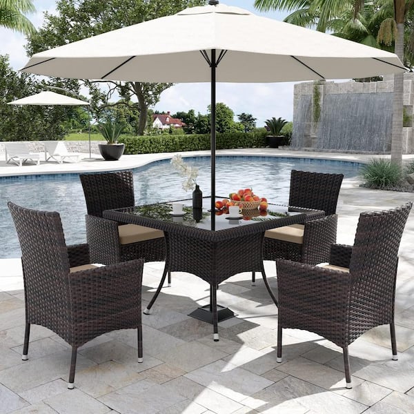 Halmuz 5-Piece Wicker Square Outdoor Dining Set with Glass Tabletop, 1.5 in. Umbrella Hole and Cushion Sand