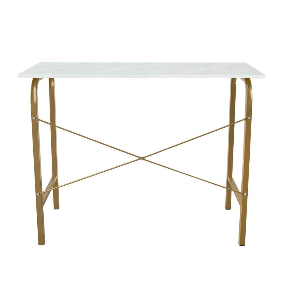 Compact Faux White Marble and Brass Corner Desk