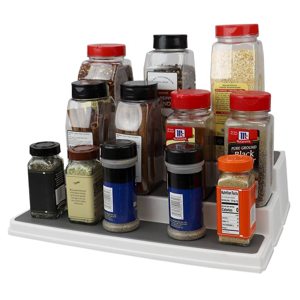 Expandable White 3-Tier Plastic Spice Rack with Non-Slip Tiers