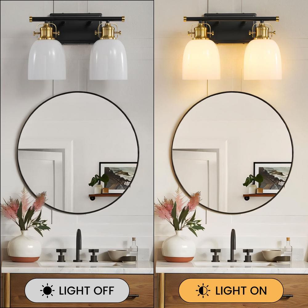 14-Inch Black and Gold Metal Vanity Light with White Glass Shades
