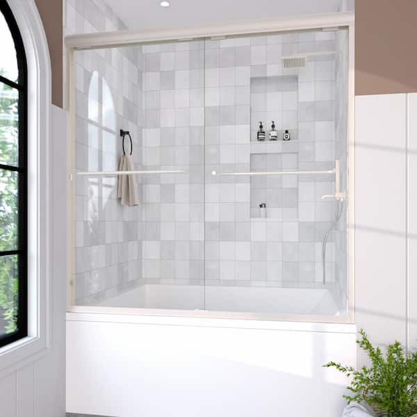 Nepti 60 in. W x 56 in. H Sliding Semi Frameless Tub Door in Brushed Nickel Finish with Clear Glass