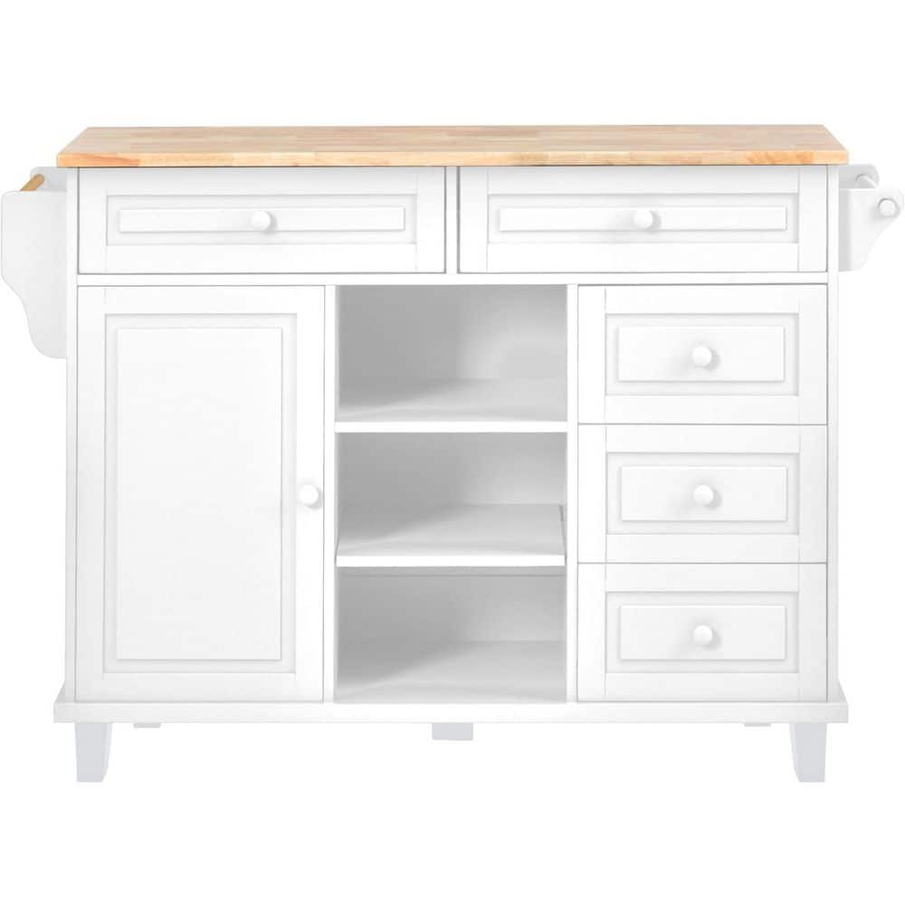 White Kitchen Island on 5-Wheels with Storage and 5-draws Rubber Wood Deskt