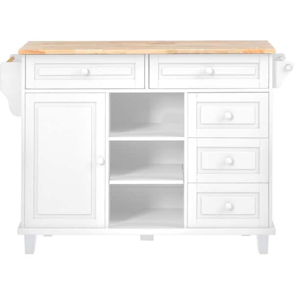 Unbranded White Kitchen Island on 5-Wheels with Storage and 5-draws Rubber Wood Desktop
