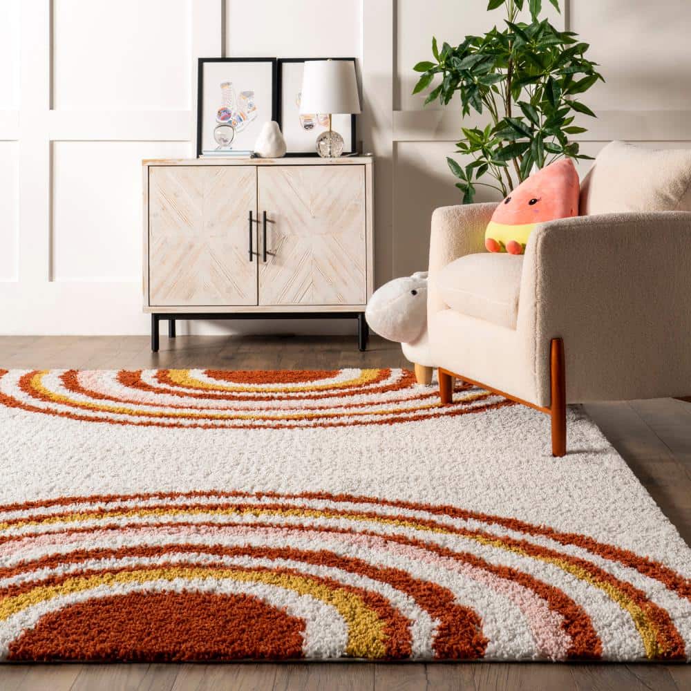 Dotty Half Sunset Shag Area Rug, 6' 7" x 9', Orange and White