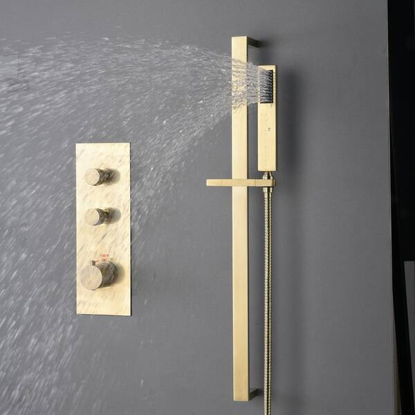 3 Spray 10 in. Dual Knob Handle Wall Mount Fix Shower Head and Handled Shower with 2.5 GPM in Brushed Gold