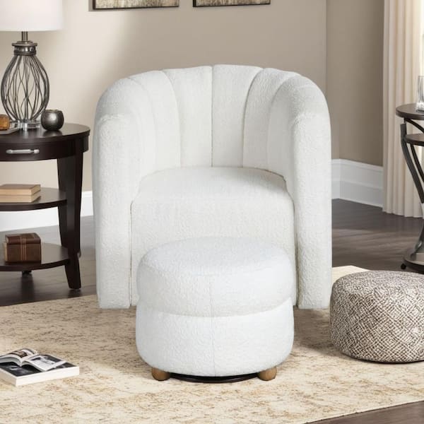 Noa White and Brown Boucle Swivel Chair with Ottoman