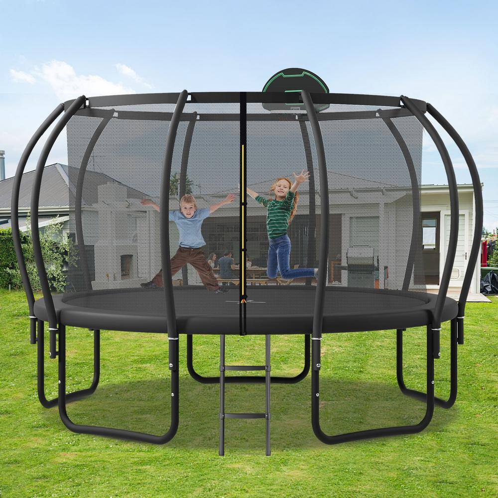 14 ft Black Round Kids' Trampoline with Enclosure