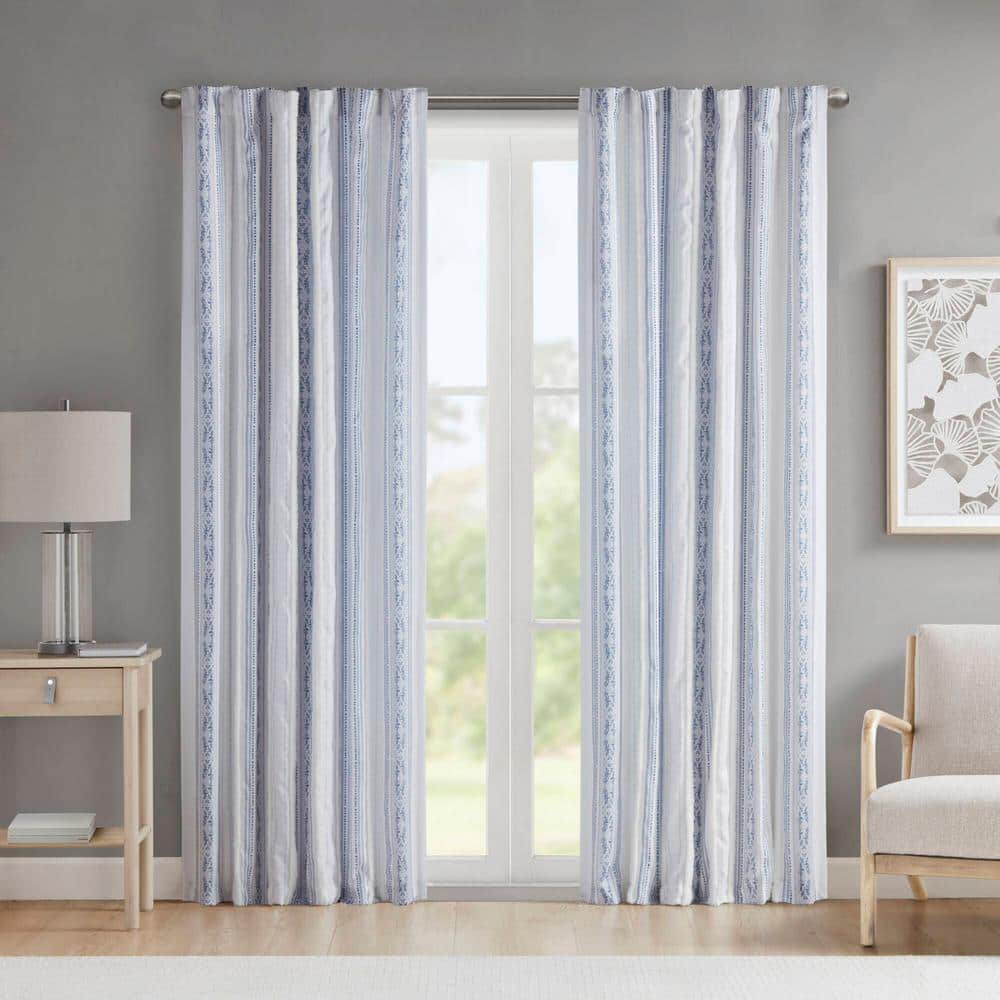 Navy and White Velvet Polyester Boho-Chic Light Filtering Curtain Panel