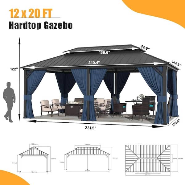 12 ft. x 20 ft. Gray Hardtop Gazebo with Curtain Dark Blue