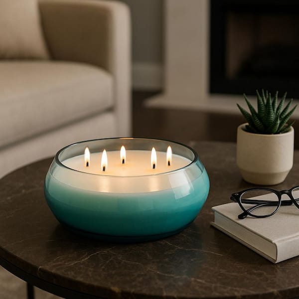 10 in. Blue Glass Woodsy Sage and Sea Salt Scented Candle 61 Oz