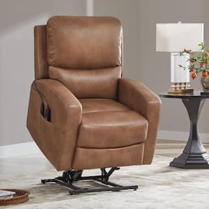 Cronus Saddle Brown Faux Leather Lift Assist Power Recliner with Massage and Heated