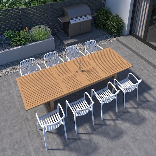 Amazonia Takamaka 9-Piece Teak Finish Wood 100% FSC Rectangular Patio Dining Set White