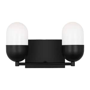 Foster 12.63 in. 2-Light Midnight Black Medium Vanity Light with Milk Glass Shades