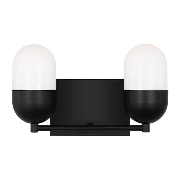 SCOTT LIVING Foster 12.63 in. 2-Light Midnight Black Medium Vanity Light with Milk Glass Shades