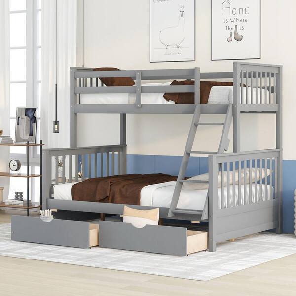 Harper & Bright Designs Gray Twin Over Full Wood Bunk Bed with 2 Storage Drawers
