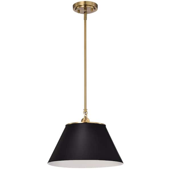 SATCO Dover 60-Watt 1-Light Black and Vintage Brass Shaded Pendant Light with Black Metal Shade and No Bulbs Included