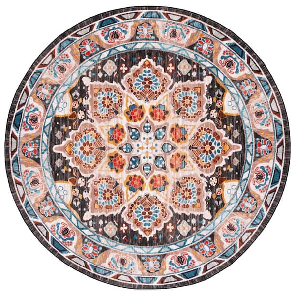 SAFAVIEH Riviera Beige/Charcoal 7 ft. x 7 ft. Machine Washable Medallion Border Round Area Rug