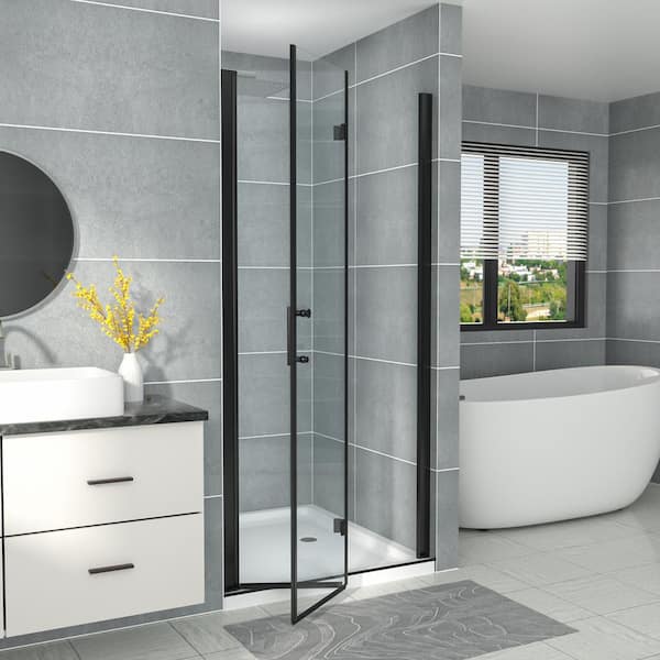 Unbranded 30 in. W x 72 in. H Bi-fold Frameless Shower Door in Matte Black Finish with Clear Glass