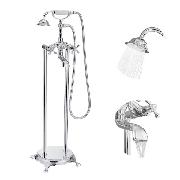 2-Handle Freestanding Floor Mount Claw Foot Tub Faucet Bathtub Filler with Telephone Hand Shower in Polished Chrome