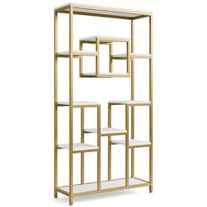 Nathan James Oscar, estantería industrial moderna de 5 estantes con marco  de metal y estantes de madera, vitrina, color dorado y blanco