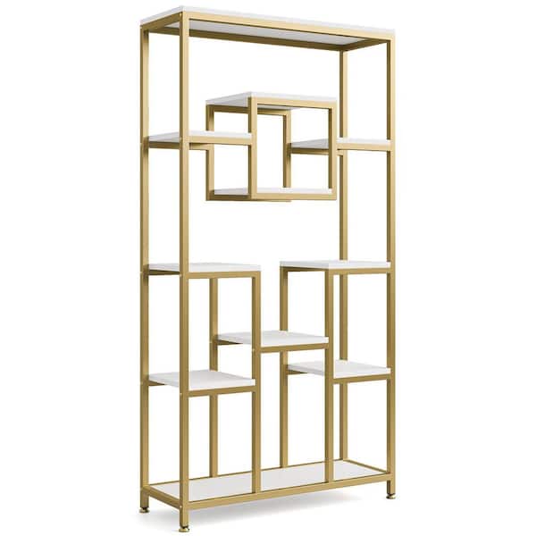 TRIBESIGNS WAY TO ORIGIN Frailey 71 in. Gold White Tall 11-Tier Large Open Display Bookshelf Geometric Cubed Bookcase Modern Storage Home Office