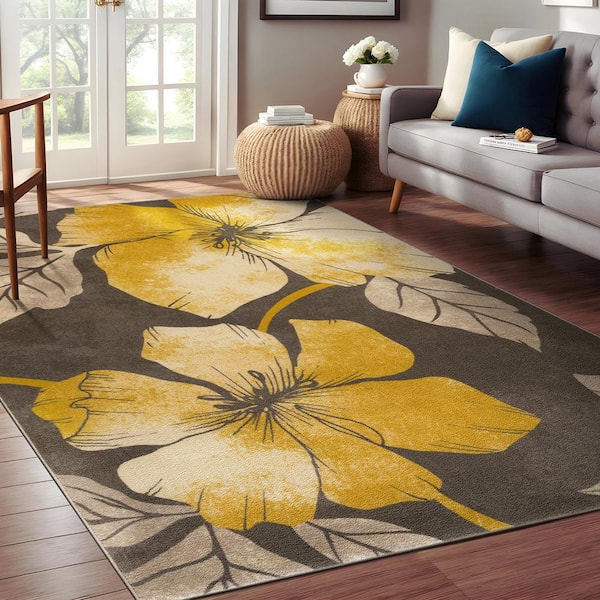 Beverly Rug Bahamas Floral Leaf Yellow Brown 8 ft. x 10 ft. Non