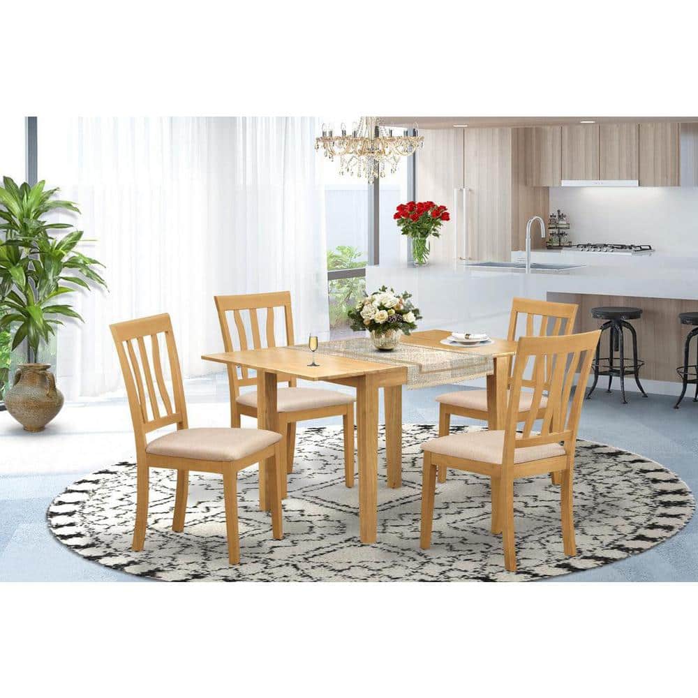 Natural Oak Finish Solid Wood Dining Set with Linen Upholstered Chairs