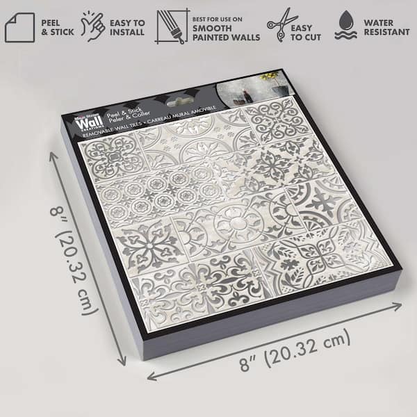 8 in x 8 in White Silver Inlay Decorative Foil Peel and Stick Paper Tile Backsplash (24-Pack)