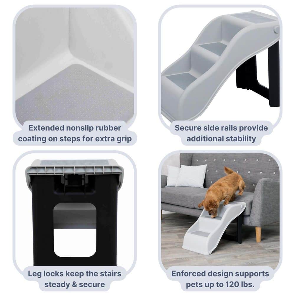 Gray Lightweight Collapsible 3-Step Pet Stairs with Non-Slip Treads