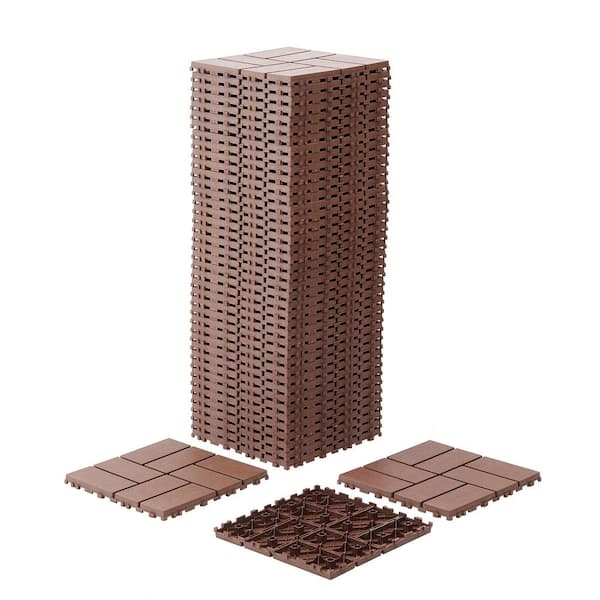 FIROMO 12 in. x 12 in. Plastic Dark Brown Square Stripe Interlocking Floor, Patio Deck Tiles (44-Pack)
