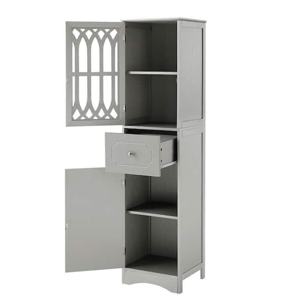 Costway Tall Bathroom Floor Cabinet Narrow Linen Tower with 2 Doors &  Adjustable Shelf Grey
