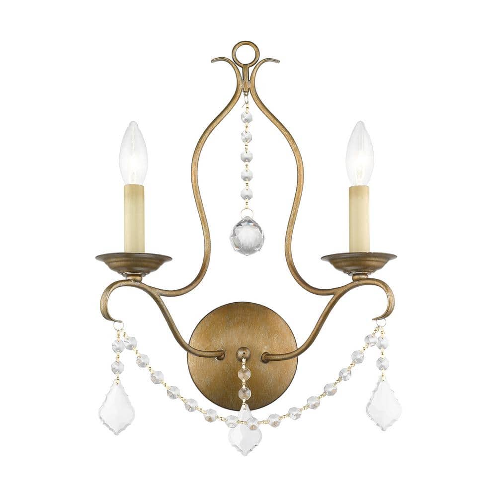Elegant Antique Gold Leaf Dual-Light Wall Sconce with Crystal Accents