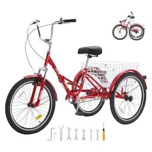 Folding Adult Tricycle 24 in. Adult Folding Trikes Carbon Steel 3 Wheel Cruiser Bike Foldable Tricycles, Red