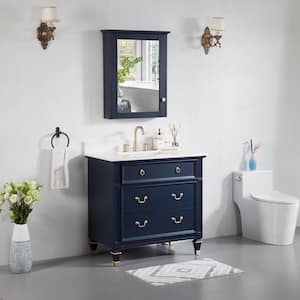 36 in. W x 22 in. D x 35 in. H Single Sink Bathroom Vanity Medicine Cabinet in Navy Blue with White Quartz Top