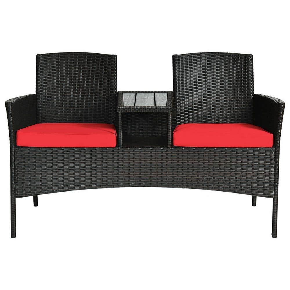 Compact Black Wicker Patio Loveseat with Red Cushions and Glass Table