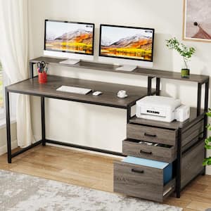 Halseey 63 in. Rectangular Gray Wood 3-Drawer Computer Desk with Monitor Stand