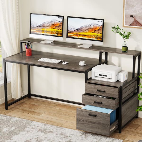 Halseey 63 in. Rectangular Gray Wood 3-Drawer Computer Desk with Monitor Stand