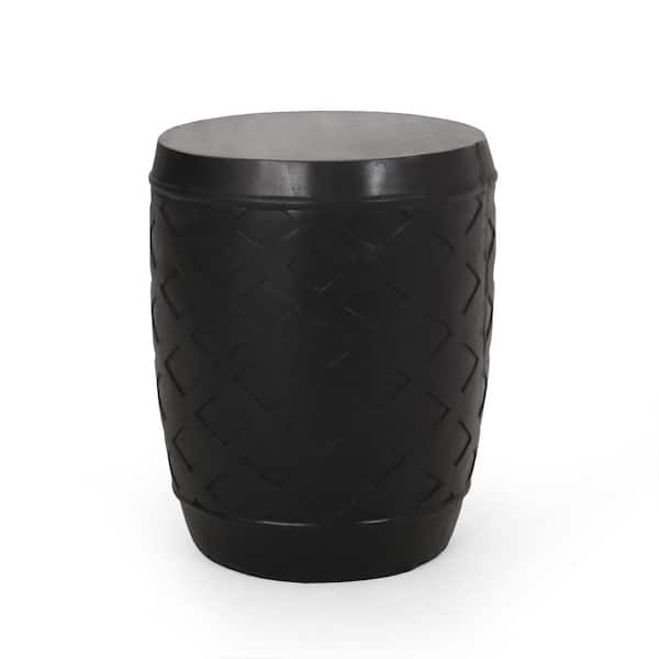 Noble House Adonis Matte Black Round Stone Outdoor Patio Side Table