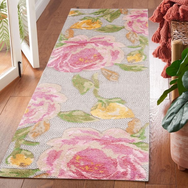 Glamour 2 ft. x 8 ft. Pink/Gray Floral High-Low Runner Rug