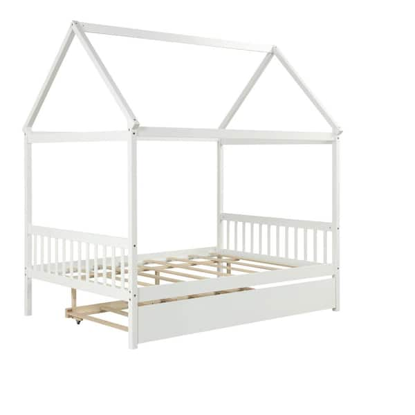 Seafuloy 79.5in.Lx57in.W White Pine Full Size House Kids Bed with Trundle