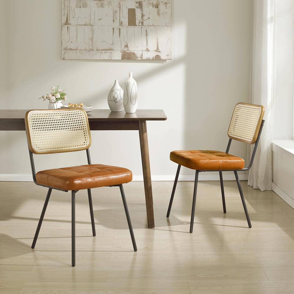 Yellow Brown Faux Leather Upholstered Rattan Cane Side Chair Set