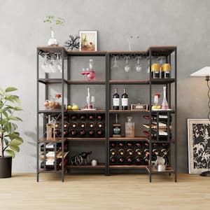 5-Shelf L-Shaped Walnut Black Wooden Metal Freestanding Corner Wine Rack Cabinet with Wine Glass Holder