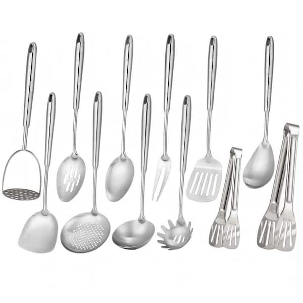 12-Piece Stainless Steel Cooking Utensils Set, Cookware Set: Masher, Fork, Tongs, Turner, Pasta Spoon, Skimmer, Ladle